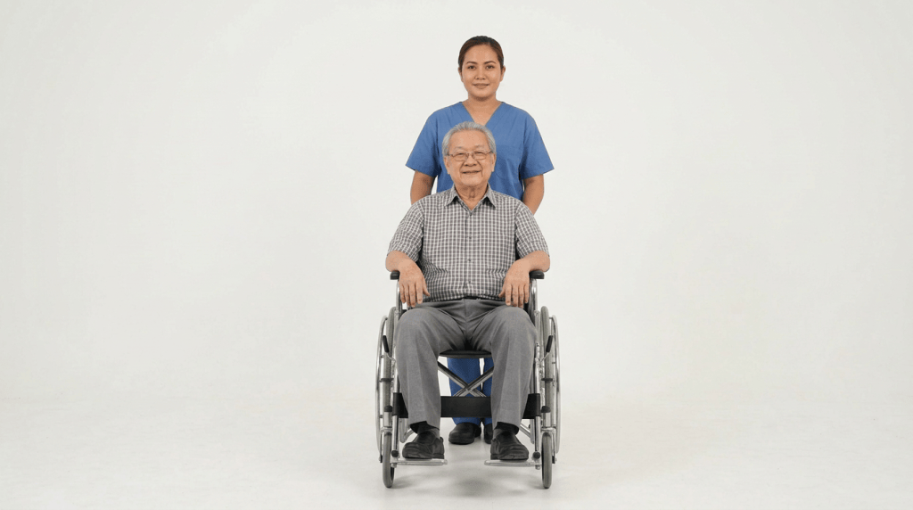 Caregiver and patient facing forward