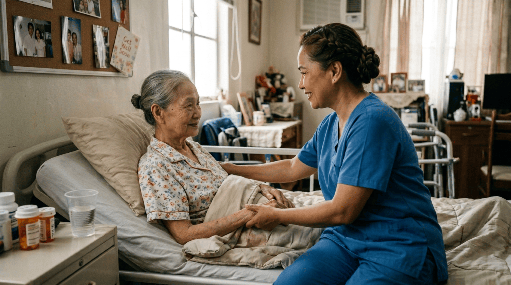 Alternative Filipina caregiver assisting patient