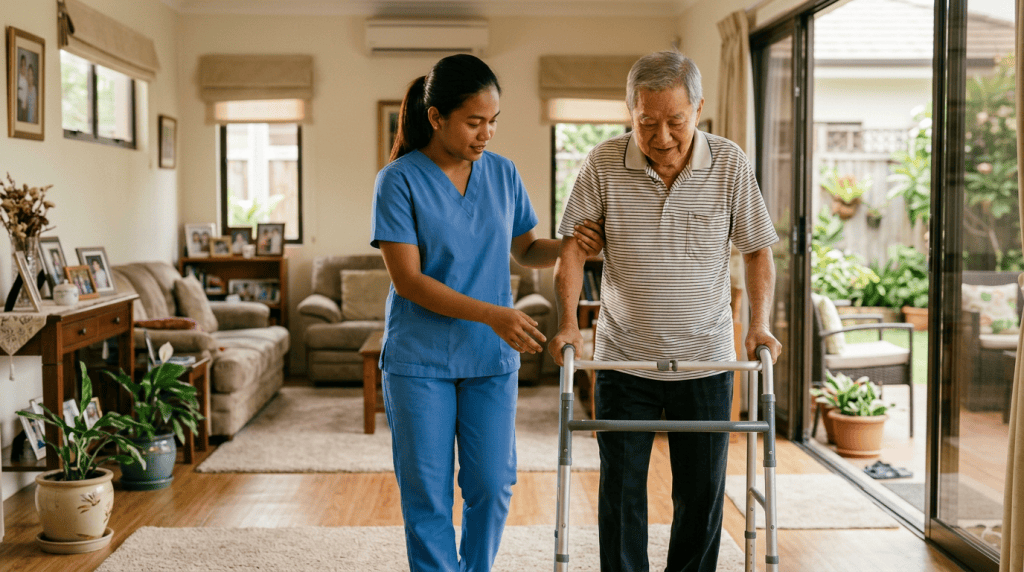 Caregiver assisting patient at home in plain scrubs