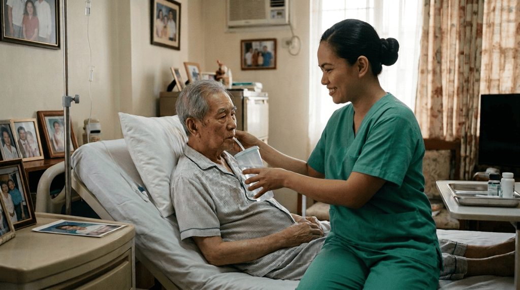 Caregiver assisting patient without bed rail