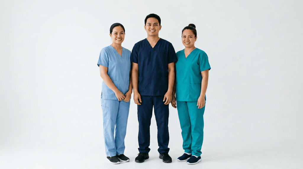 Three healthcare professionals in blue and teal scrubs standing together