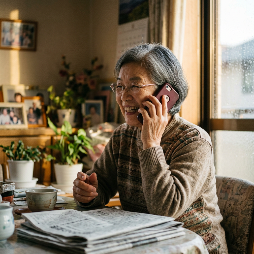 Asian elderly person talking on phone