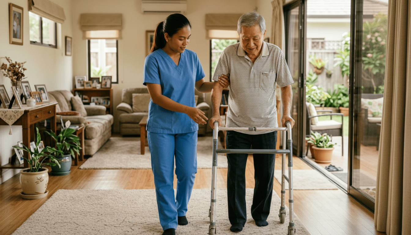 Edit the existing healthcare consultation image so the caregiver and patient are shown in full body from head to toe, with natural proportions and realistic composition. Keep the same people, caregiving interaction, home-care setting, lighting, colors, and reassuring professional mood. Expand the framing as needed without cropping either person.